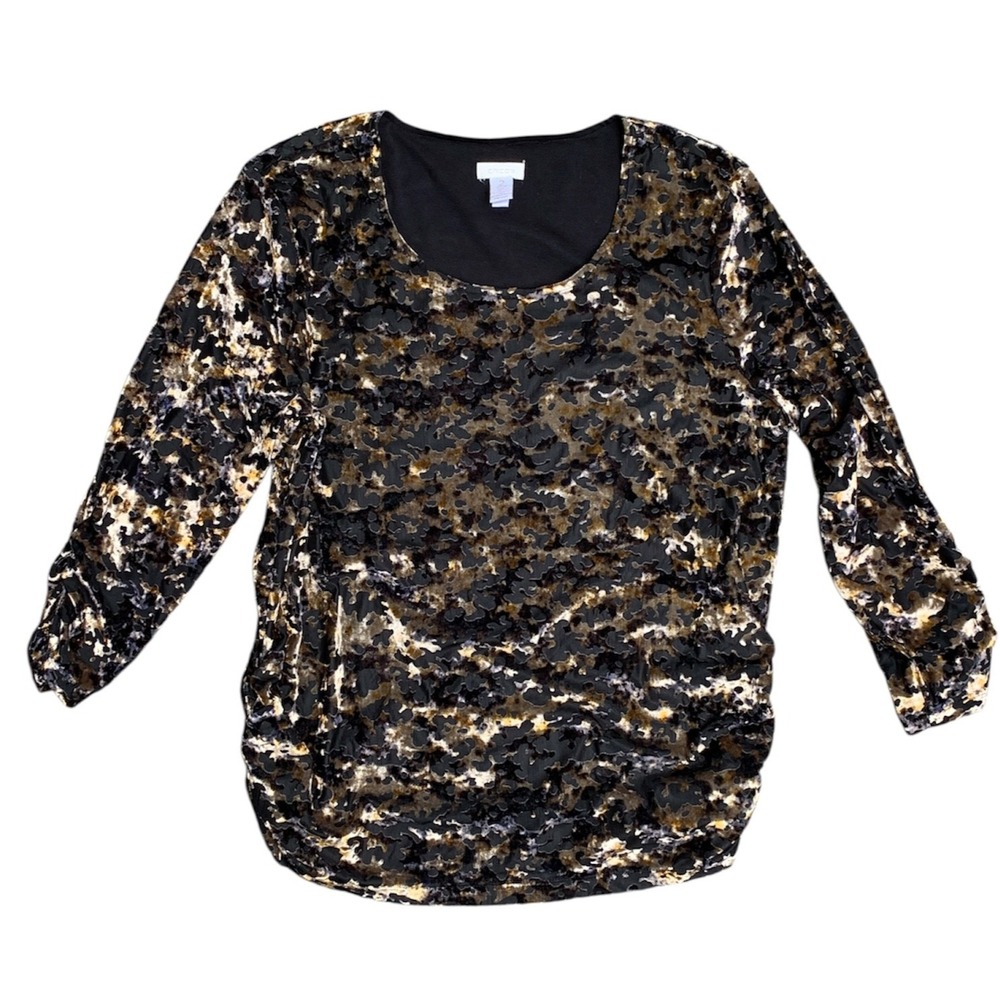CHICO'S 2 Pullover Black Gold Shiny VELVET Burnout Top 3/4 Sleeve Ruched Lined